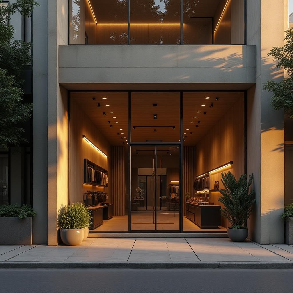 日本庭園店舗の外観、暖簾と鉢植えが並ぶ入り口