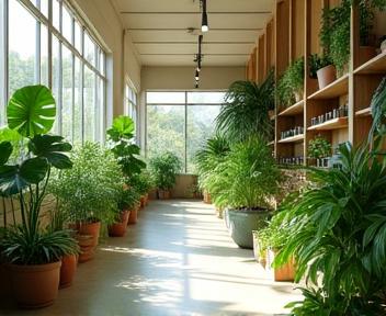 店内の観葉植物コーナー、光が差し込む開放的な空間