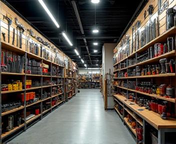 店内の園芸道具陳列、木製の什器に並ぶ美しい道具類