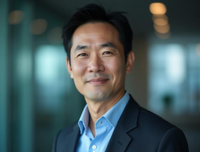 商品バイヤー・書道担当 佐藤氏。笑顔で筆を持ち、書道作品を見せる姿。