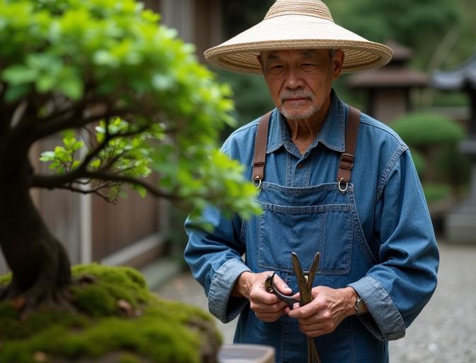 庭師・ワークショップ講師 田中氏。庭園で丁寧に剪定作業を行う姿。