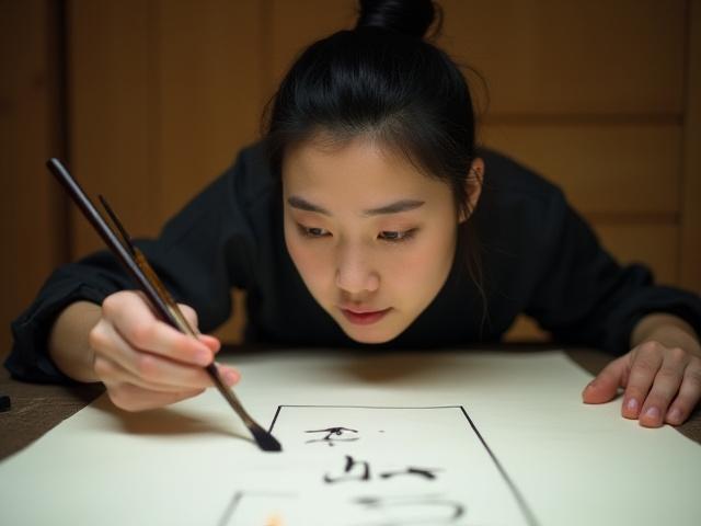 筆を構え、集中した表情の書家、竹田