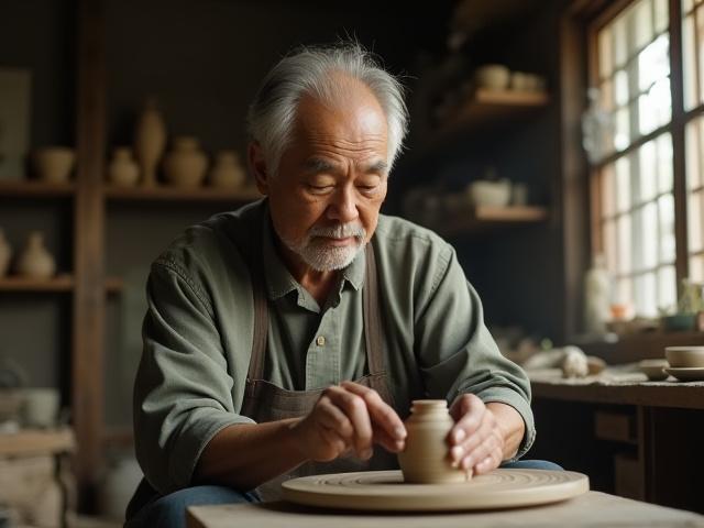 ろくろに向かう陶芸家、山田