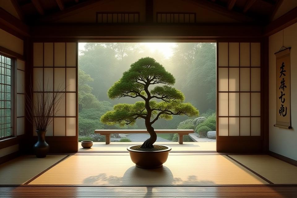 盆栽が置かれた縁側に和の書道作品と茶器が調和する