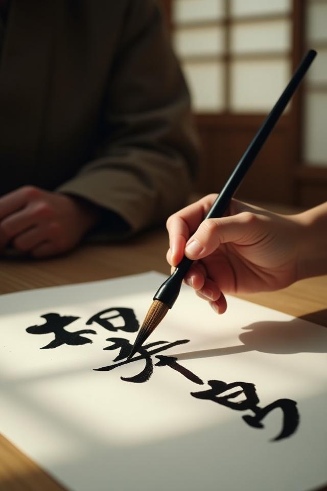 集中して筆を走らせる書道家