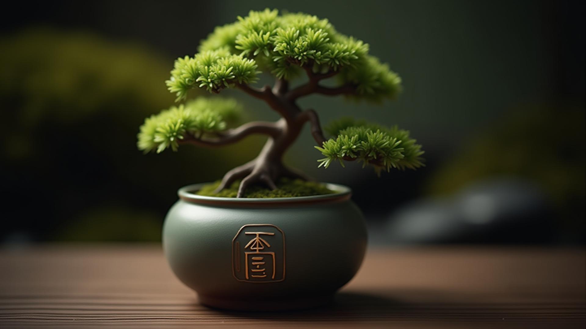 漢字「禅」が刻まれた鉢に植えられた盆栽