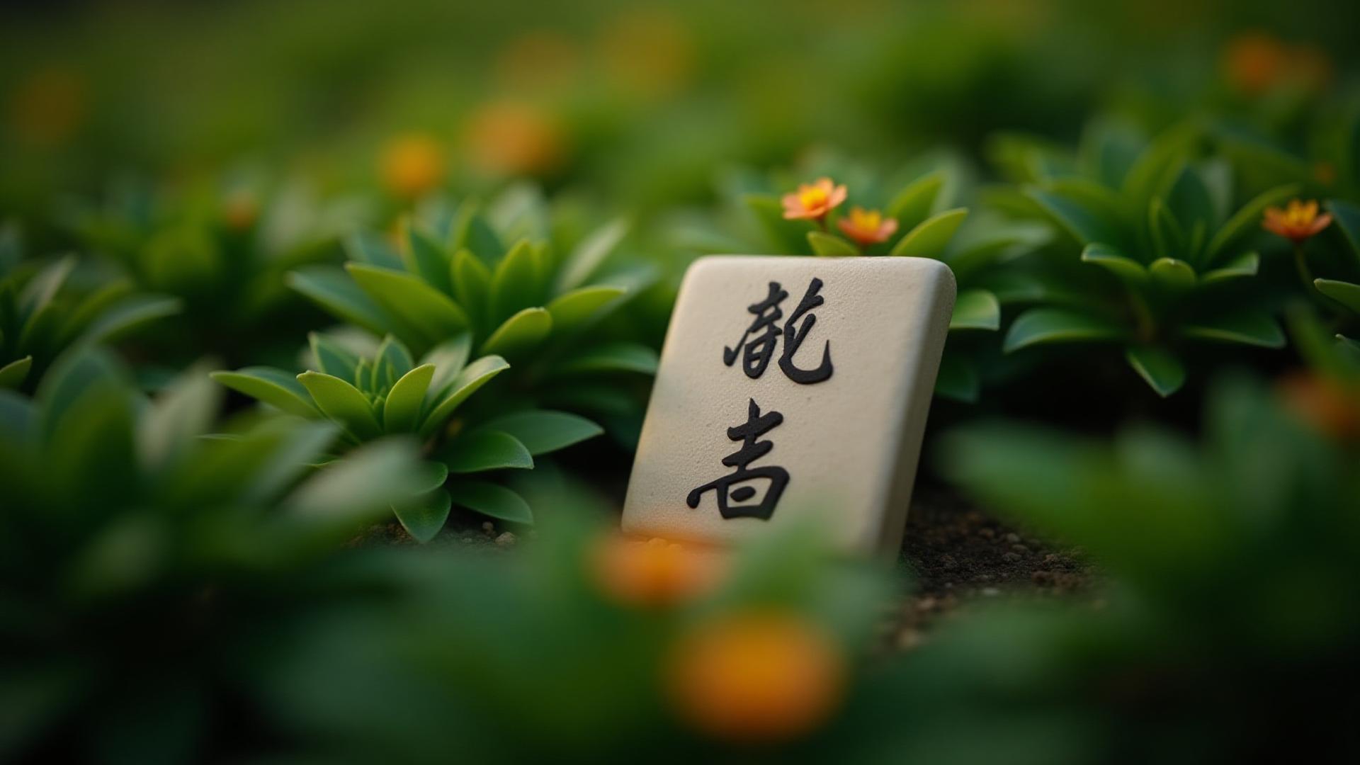 書道のような文字で植物の名前が書かれた庭のマーカー