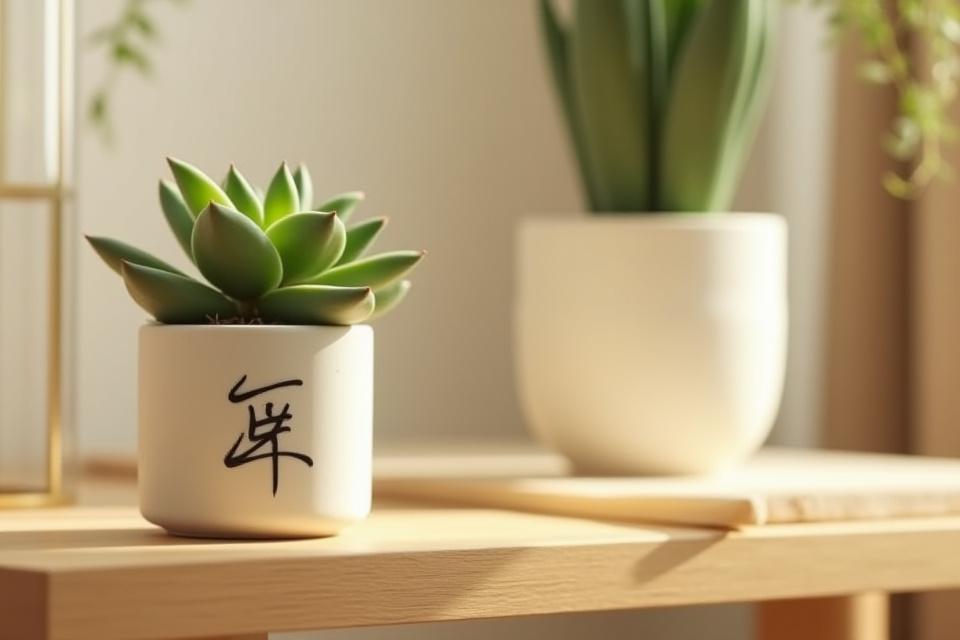 室内の棚に飾られた、小さな漢字入りポットに植えられた観葉植物