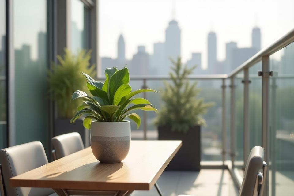 モダンなバルコニーに置かれた墨流し模様のプランターと観葉植物