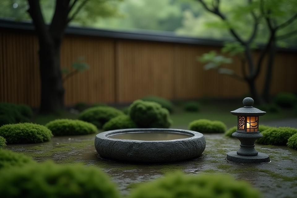 竹垣のそばに配置された書道感のある灯篭と水鉢がある野点のような空間