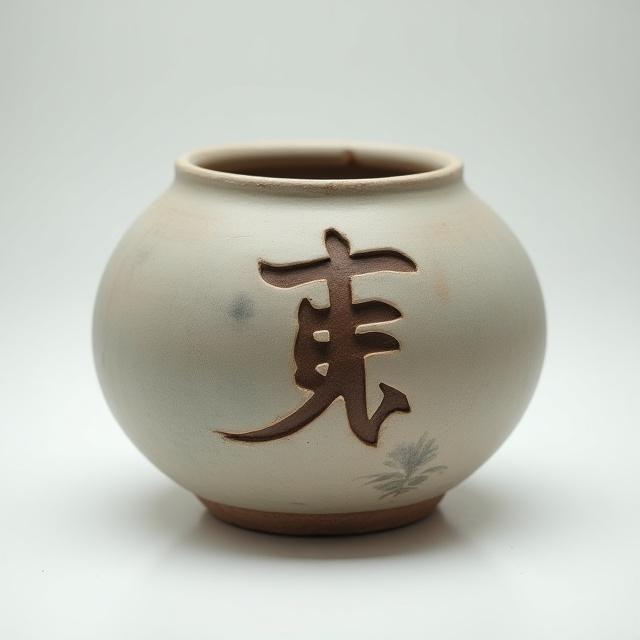 漢字「禅」が刻まれた素朴な陶器の鉢