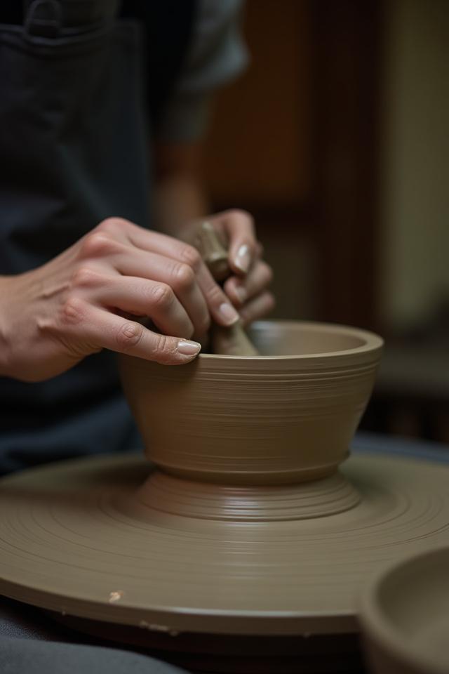 ろくろで丁寧に陶器を成形する陶芸家