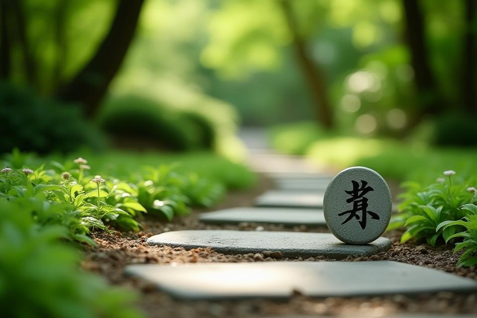 小石の道脇に、書道風の植物名マーカーが立つ情景