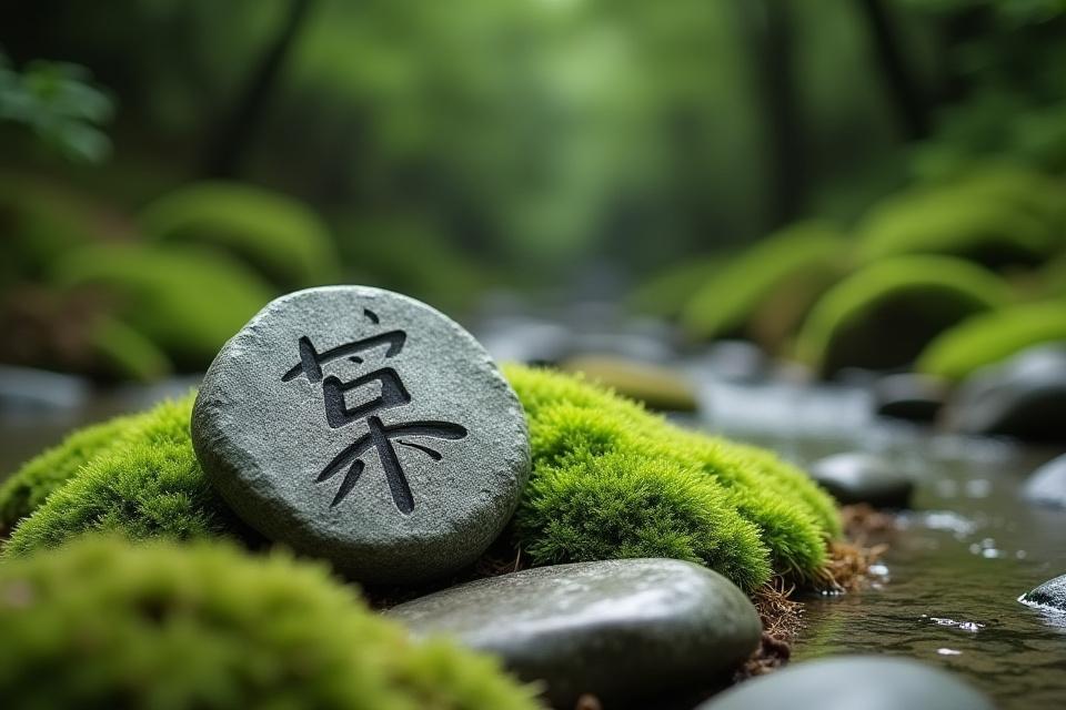 伝統的な日本庭園の苔庭に、漢字「寂」が刻まれた石のオブジェが置かれている