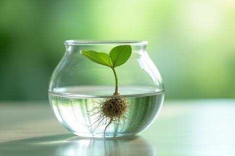 ガラス製の繊細な水耕栽培用器のクローズアップ