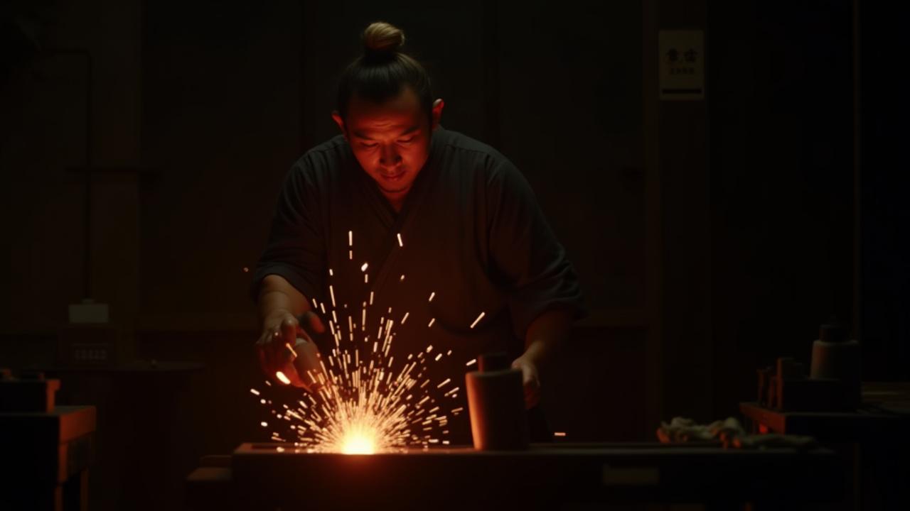 暗闇の中で火花を散らしながら鋼を鍛える日本の鍛冶職人
