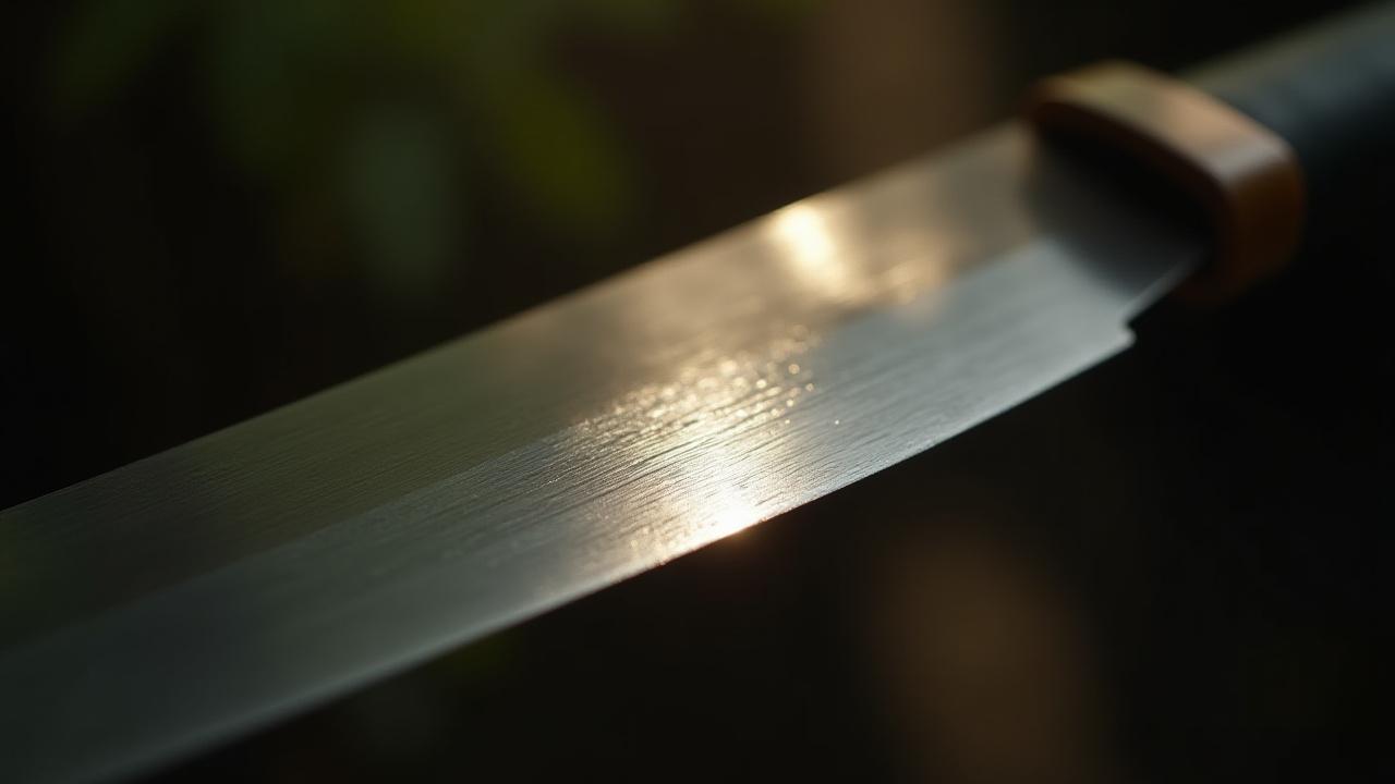 伝統的な剪定ばさみの刃に太陽の光が反射し、美しい鋼の質感と鋭い切れ味を強調するマクロ写真。優雅さと職人技を感じる構図。