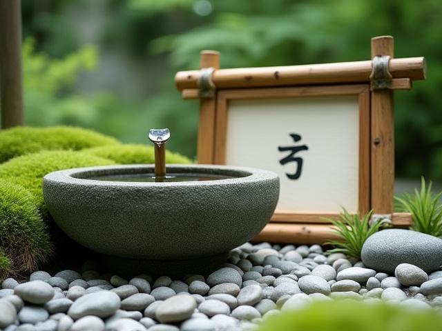 書道アートを取り入れた庭の装飾品