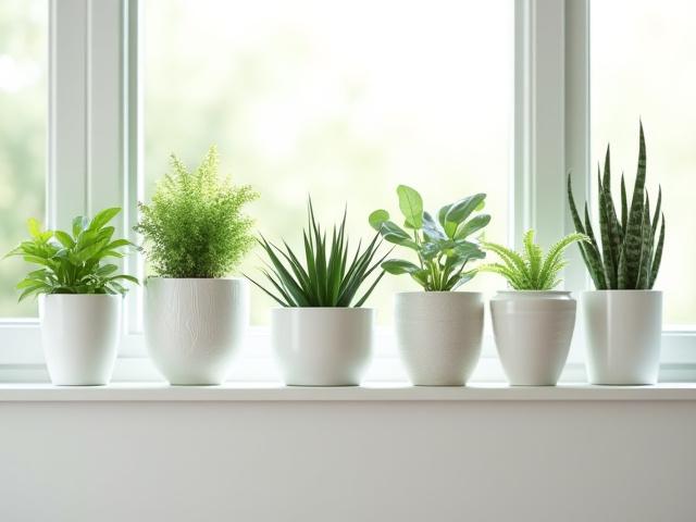 白やグレーで統一された植木鉢のコレクション