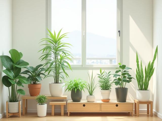 棚やスタンドを使い高低差をつけて飾られた観葉植物