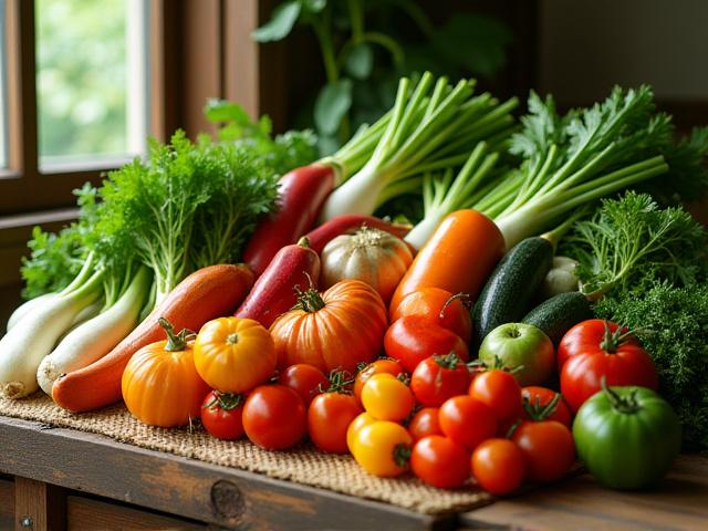 収穫されたばかりの多様な在来種の野菜や果物。生命力あふれる豊かな色彩。