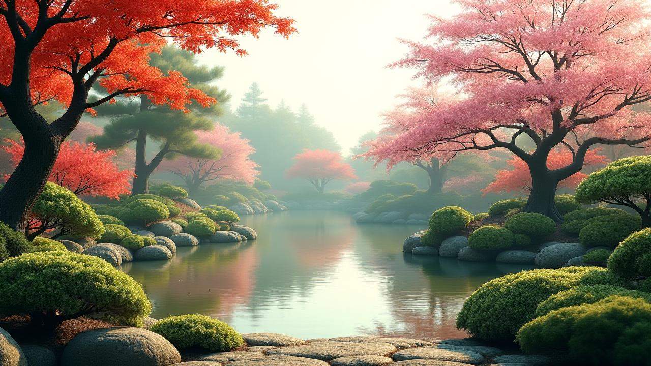 日本の美しい植物が織りなすパノラマ庭園。松、楓、紫陽花などが調和し、豊かな自然を表現しています。