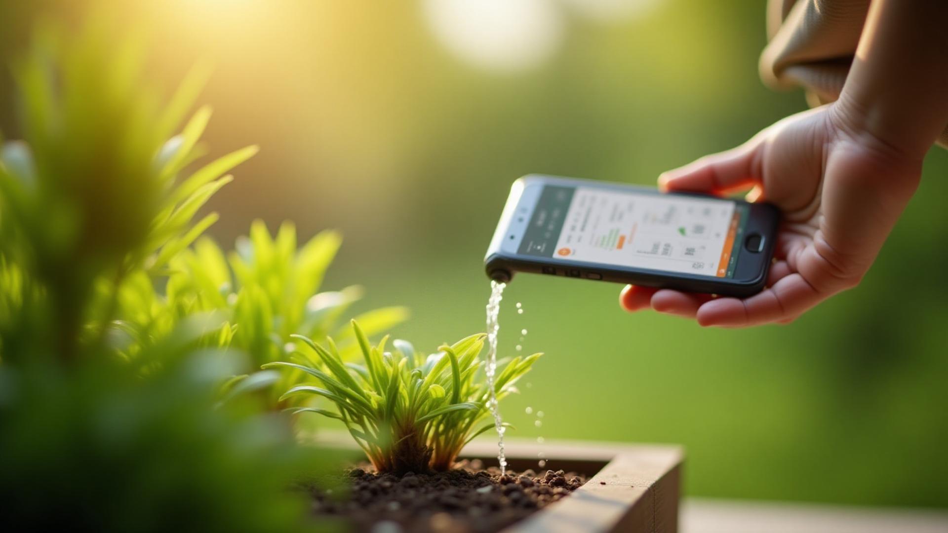 スマートフォンアプリで水やりを制御する植物の様子