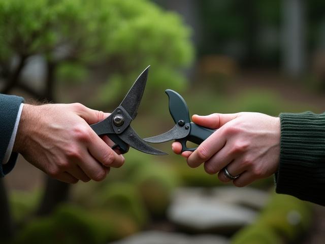 伝統的な剪定ばさみと最新の充電式剪定機を並べて持つ庭師の手元