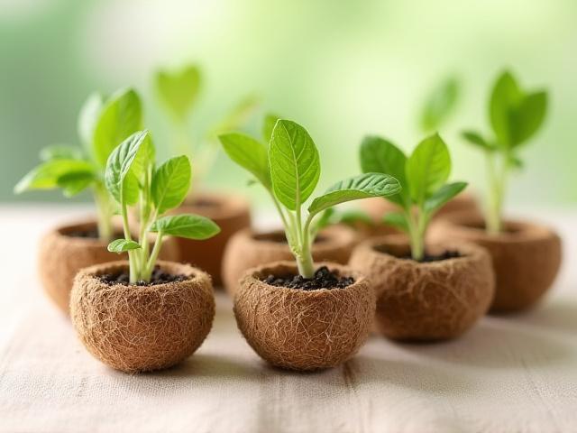 ココナッツファイバーで作られた生分解性の植木鉢に小さな緑の苗が植えられている様子