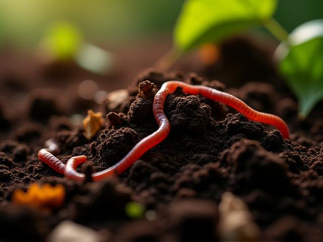 豊かな黒い土と、その中に混ぜられた木の葉や小枝、そして元気なミミズのクローズアップ。