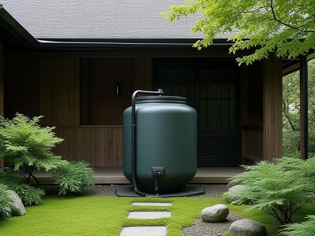 雨樋から接続されたモダンなデザインの小型雨水タンクが、庭の隅に設置されている。