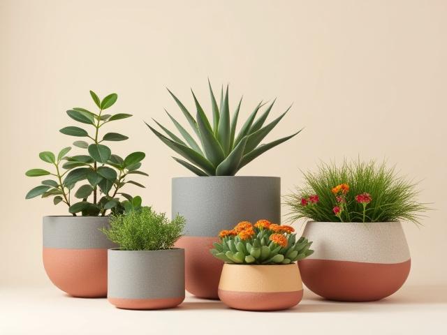 再生プラスチック製のテラコッタ風プランターに、色鮮やかな植物が植えられている。