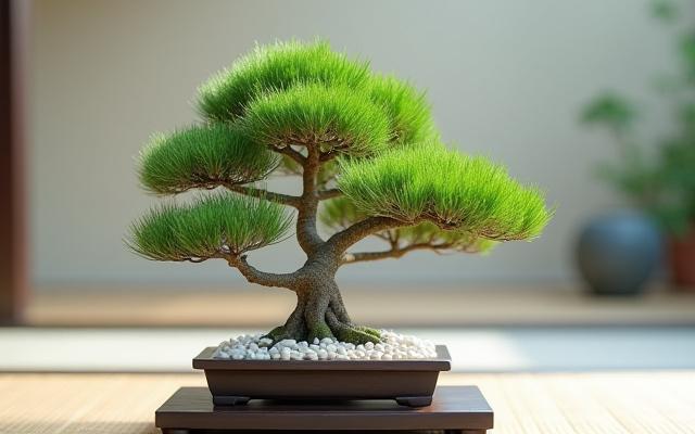 丁寧に手入れされた小さな盆栽。白い小石を敷き詰めた盆の上で、松の木が美しく枝を伸ばしています。