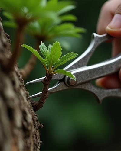 盆栽の繊細な枝を剪定する参加者の手元。
