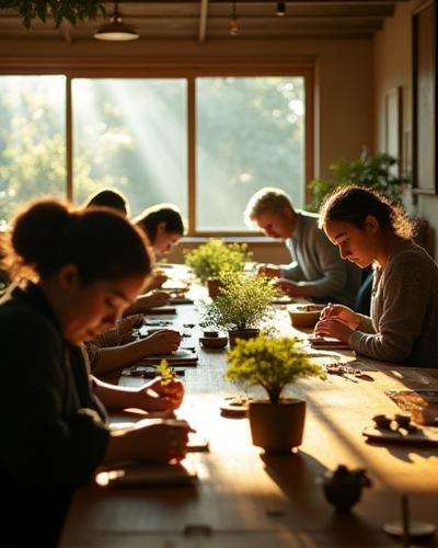 陽光が差し込む明るい教室で、和やかに盆栽作業をする参加者たちの様子。