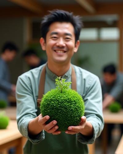 完成した苔玉を両手で持ち、満足げな表情を浮かべる参加者。