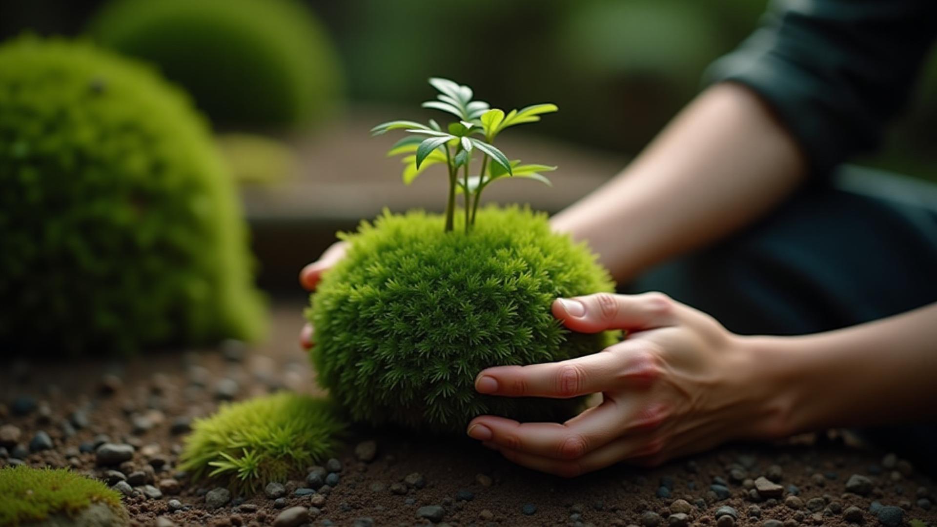熟練の講師の手元で、苔玉が丁寧に作られていく様子。緑豊かな苔と植物のクローズアップ。
