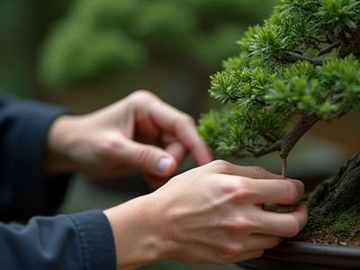 講師が参加者の手元を優しく指導しているシーン。盆栽の枝の剪定を教えている。