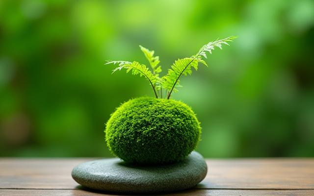 手のひらに乗るサイズの鮮やかな緑色の苔玉。その上には小さなシダ植物が元気に育っています。