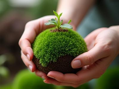 苔玉作りの途中で、植物の根元に苔を巻きつけている瞬間。