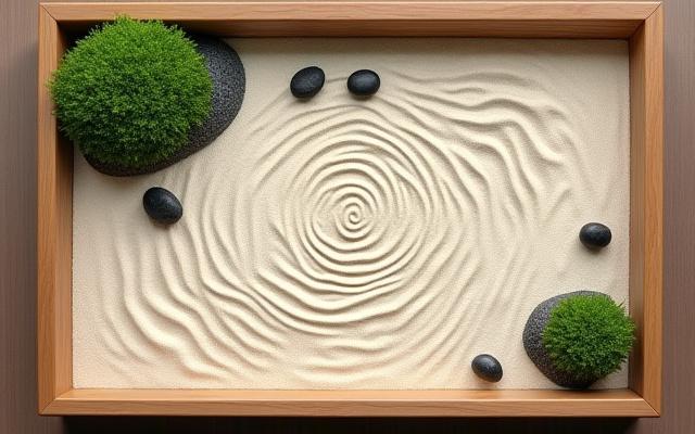 美しい砂紋が描かれた小さな箱庭。小さな石とミニチュアの苔が生い茂り、禅の精神を感じさせる。