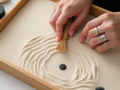 箱庭ワークショップで、小さな熊手を使って砂紋を集中して描いている参加者の手元。